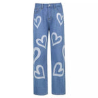 Cute 90s Vintage Heart Print Baggy Mom Jeans Denim High Waisted Trousers Pant Aesthetic Summer Party E-Girl Kawaii Korean Japanese Harajuku Streetwear