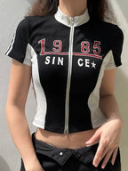 Retro Zipper Patchwork Crop Top