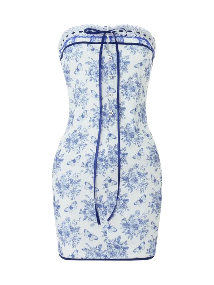 Blue Floral Tie Up Strapless Mini Dress