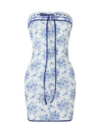Blue Floral Tie Up Strapless Mini Dress