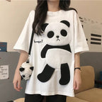 Cute Panda Bear Fleece Hungry Casual Summer Oversized Short Sleeve Tee Shirt T-shirt Top E-Girl Kawaii Korean Japanese Harajuku Streetwear