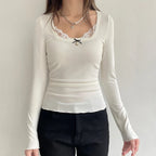 White Lace Bow Long Sleeve Crop Top