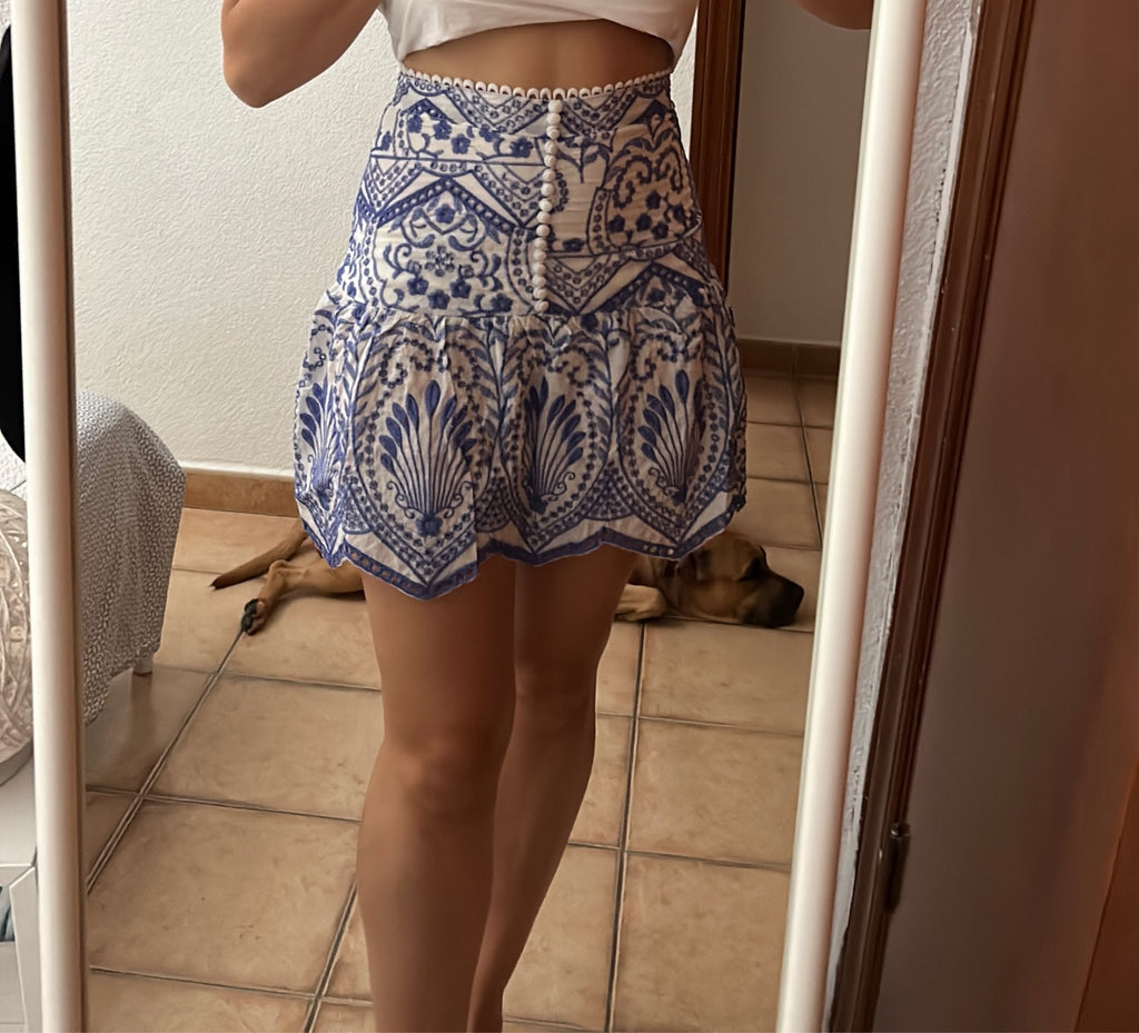 Blue Flower Embroidery Pleated Mini Skirt