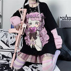 Cute Aesthetic Black Anime Girl Cartoon Print Short Sleeve Shirt Oversized Loose T-shirt Top Goth E-Girl Kawaii Korean Japanese Harajuku Streetwear