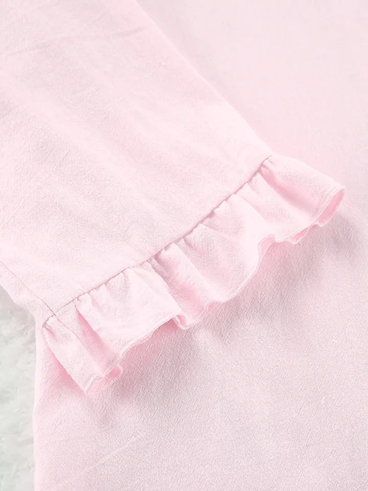 2PCS Pink Ruffle Long Sleeve Shirt + Shorts Pajama Set