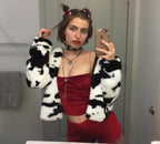 Cute Cow Animal Print Faux Fur Coat Jacket Zipper Sweater Jumper Casual E-Girl Kawaii Korean Japanese Harajuku Chinese Retro Streetwear Aesthetic