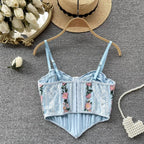 Blue Floral Embroidery Corset Top