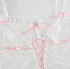 Cute Lace Mesh Patchwork Transparent Corset Camisole Ruffle Crop Top Sleeveless Shirt Summer Aesthetic Casual E-Girl Kawaii Korean Japanese Harajuku