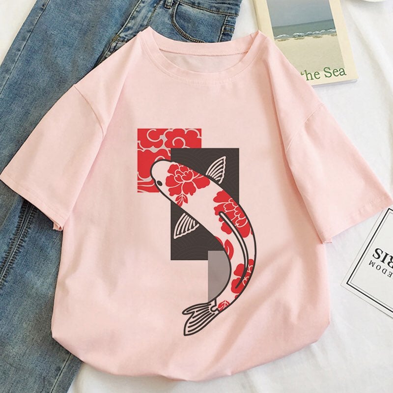 Vintage Koi Goldfish Print Cartoon Loose Oversize Short Sleeve Short T-shirt Tee Top Summer Casual E-Girl Kawaii Korean Japanese Harajuku Streetwear