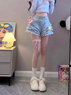 Blue Denim Ruffle Star High Waist Shorts