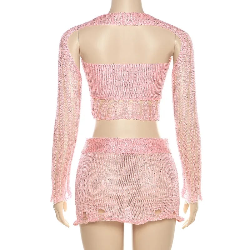 2PCS Pink Sequin See Through Hollow Out Top + Skirt Set