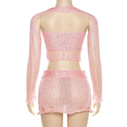 2PCS Pink Sequin See Through Hollow Out Top + Skirt Set