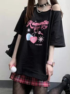 Sweet Pink Print Off Shoulder Short Sleeve T-shirt