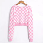 Cute Plaid Checkered Crop Sweater Cardigan Top Long Sleeve Knit E-Girl Kawaii Korean Japanese Harajuku Chinese Retro Streetwear Aesthetic