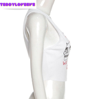 Cute Sexy White Skull Ribbed Sleeveless Tank Crop Top T-shirt Punk Goth Aesthetic Summer Party E-Girl Kawaii Korean Japanese Harajuku Streetwear