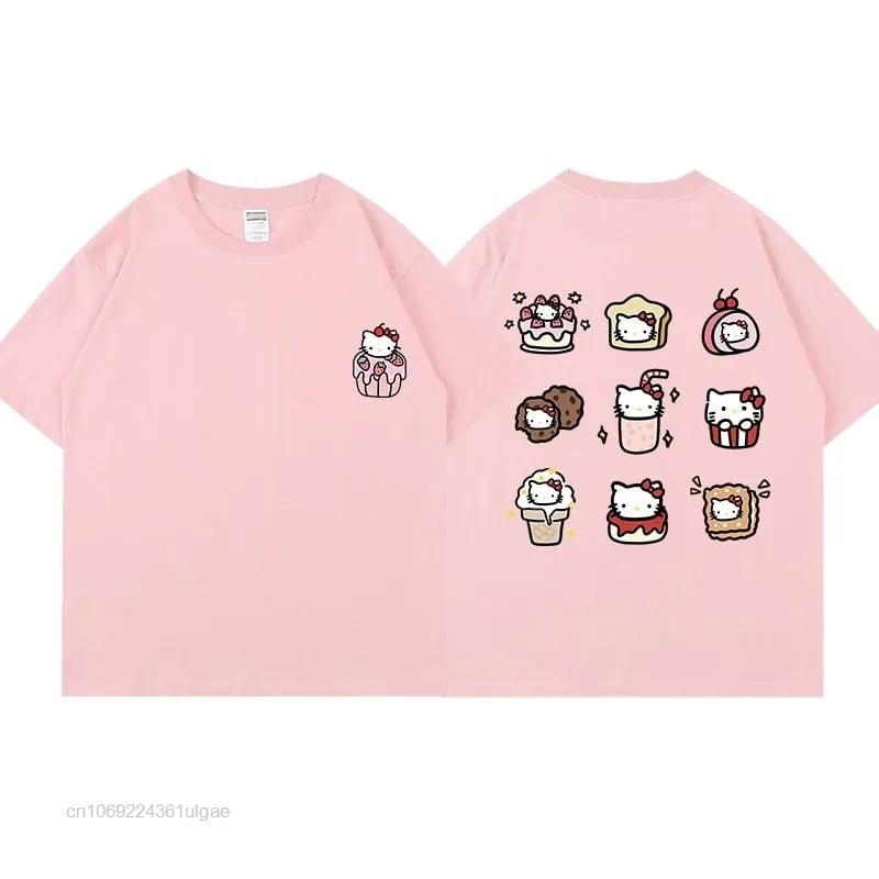 Cat Anime Dessert Print Short Sleeve T-shirt