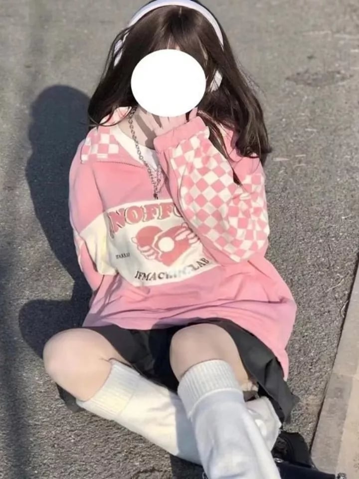 Pink Plaid Checkboard Zip Up Oversized Sweatshirt