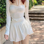 White Ruffle Drawstring High Waist Mini Skirt Fairycore Aesthetic Casual E-Girl Kawaii Korean Japanese Harajuku