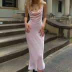 Pink Satin Low Cut Halter Maxi Dress