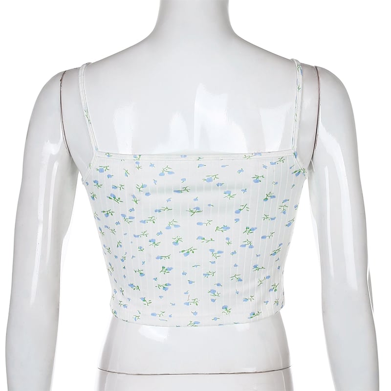 Cute Floral Print Lace Spaghetti Strap Camisole Crop Top Shirt Tee T-shirt E-Girl Kawaii Korean Japanese Harajuku Chinese Retro Streetwear Aesthetic