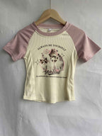 Cat Cartoon Patchwork Print Short Sleeve T-shirt