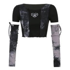 Black & Grey Patchwork Crop Top with Sleeve