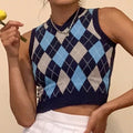 Vintage Plaid V Neck Sleeveless Sweater Vest Knit Crop Top Preppy Causal Pullover E-Girl Kawaii Korean Japanese Harajuku Streetwear