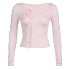Sweet Lace Up Slash Neck Long Sleeve Shirt