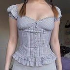 Plaid Milkmaid Ruffle Puff Sleeve Top