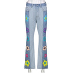 Cute Vintage Flower Patchwork High Waisted Denim Jean Trouser Pants Indie Punk Aesthetic Casual Summer E-Girl Kawaii Korean Japanese Harajuku
