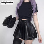 Sexy Black Goth Grunge Punk Summer Zipper Rivet Pleated PU Skirt Metal Ring Hallow Out E-Girl Kawaii Korean Japanese Harajuku Streetwear
