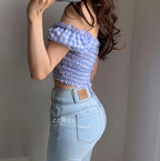Cute Sexy Blue Plaid Print Bow Ribbon Collar Puff Short Sleeve Shirt Blouse Aesthetic Casual Summer E-Girl Kawaii Korean Japanese Harajuku