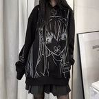 Cute Black Goth Anime Hoodie Grunge Loose Long Sleeve Shirt Aesthetic Casual E-Girl Kawaii Korean Japanese Harajuku