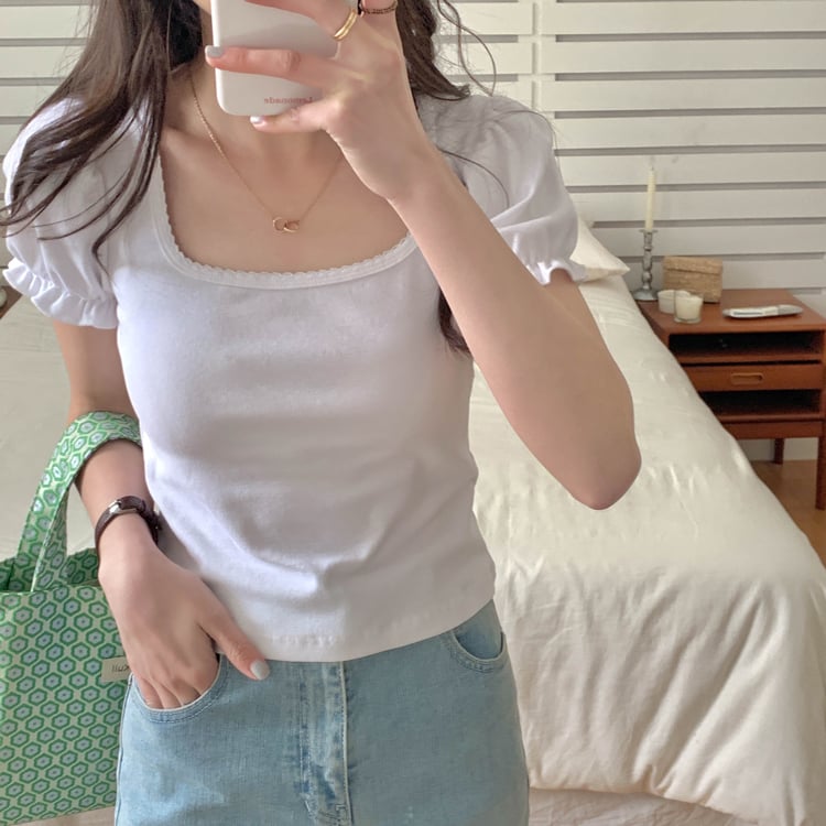 White Puff Sleeve Square Collar Top