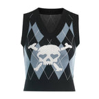 Cute Sexy V Neck Skull Print Knit Vest Sleeveless Crop Top Punk Goth Aesthetic Casual Summer E-Girl Kawaii Korean Japanese Harajuku