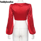 Cute Sexy Red Chiffon Low Cut Crop Top Long Sleeve Shirt Tee T-shirt E-Girl Kawaii Korean Japanese Harajuku Chinese Retro Streetwear Aesthetic
