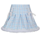 Cute Pink Plaid Feather Lace Up Pleated High Waist A-line Mini Skirt Summer Aesthetic Casual E-Girl Kawaii Korean Japanese Harajuku
