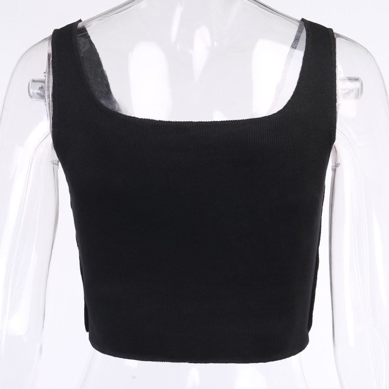 Cute Sexy Black White Patchwork Print Tank Crop Top Sleeveless Shirt Punk Bodycon Aesthetic Goth E-Girl Kawaii Korean Japanese Harajuku Streetwear