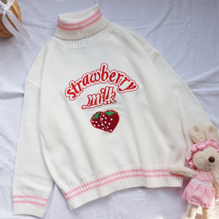 Cute Pastel Pink Strawberry Milk Turtleneck Knit Sweater Sweatshirt Jumper Long Sleeve Pullover E-Girl Kawaii Korean Japanese Harajuku Streetwear