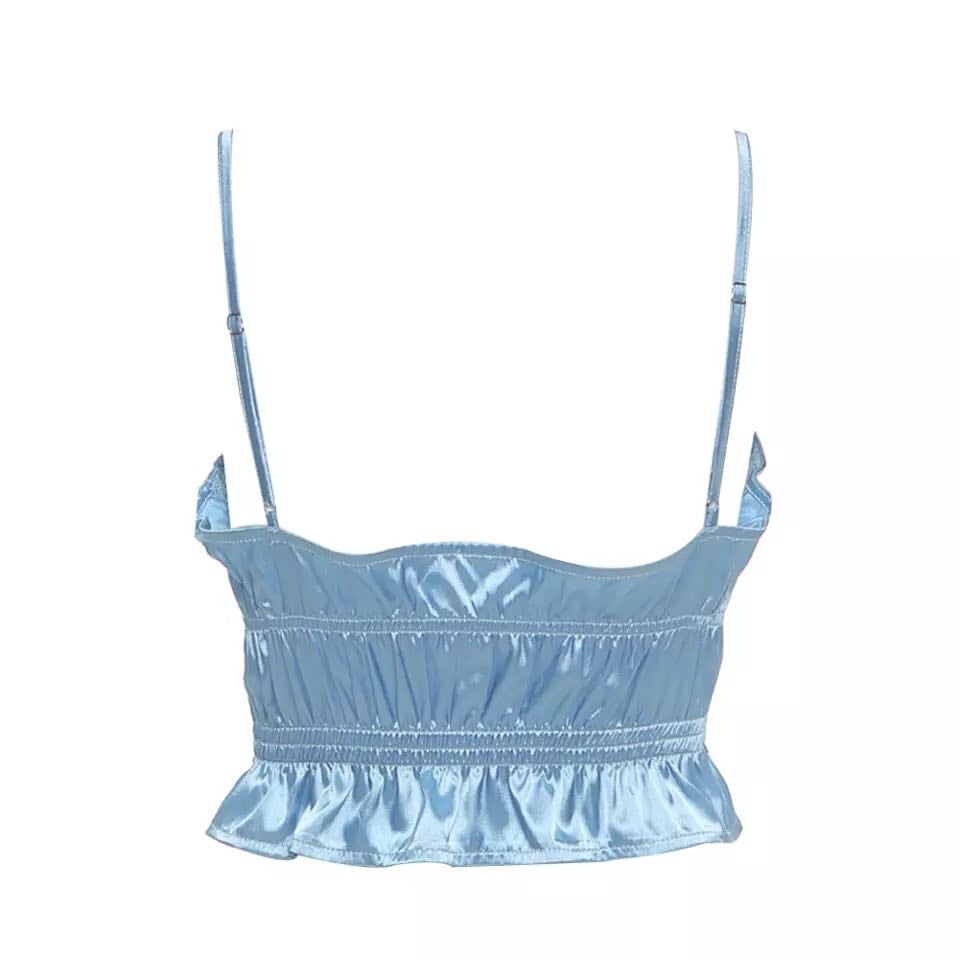 Blue Silk Satin Ruched Ruffle Frilly Tank Top Backless Crop Top Sleeveless Shirt Summer Aesthetic Casual E-Girl Kawaii Korean Japanese Harajuku