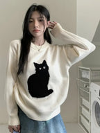 Black Cat Print Long Sleeve Sweater