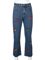 Butterfly Embroidery High Waist Denim Jeans