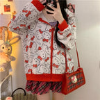 Cute Kitty Cat Cartoon Print Oversized Zipper Hoodie Sweatshirt Long Sleeve Pullover Aesthetic Casual Summer E-Girl Kawaii Korean Japanese Harajuku