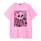Cute Black Skull Goth Punk Print Cartoon Loose Short Sleeve Short T-shirt Tee Top Summer Casual E-Girl Kawaii Korean Japanese Harajuku Streetwear