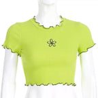 Cute Neon Green Flower Embroidery Casual Summer Crop Top Short Sleeve Tee Shirt T-Shirt E-Girl Kawaii Korean Japanese Harajuku Streetwear