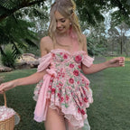 Pink Rose Lace Up Mini Dress