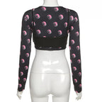 Cute Sexy 2pcs Moon Print Long Sleeve T-shirt Crop Top With Bra Camisole Summer Aesthetic Casual E-Girl Kawaii Korean Japanese Harajuku