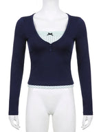 2PCS Polka Dot Lace Patchwork Long Sleeve Shirt