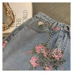 Cute Vintage Flowers Print Maxi Denim Skirt High Waist Open Split Straight Summer Aesthetic Casual E-Girl Kawaii Korean Japanese Harajuku