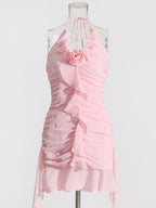 Pink Flower Halter Fold Mini Dress